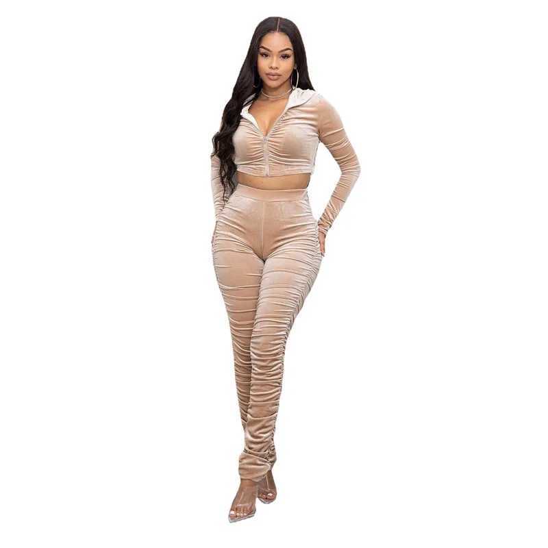 Women's Two Piece Pants Retro Velvet Womens Two Piece Sportswear Zipper Long Sleve Hoodie and Folding Pencil Pants Jogger Sportswear Y241019IZ1Y