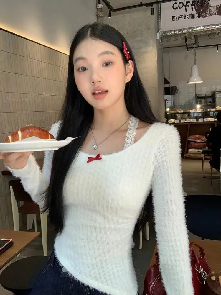 HOUZHOU Kawaii Coquette Sexy Knitted Pullovers Women Korean Style Y2k Aesthetic Lace Patchwork Solid Slim Sweater 2024 241010