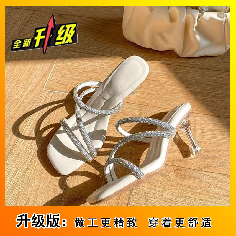 Summer New Outwear Square Headed Open Toe High One Piece Tug Girl Elegant Rhinestone With Skirt And Thin Heel Sandals Ddmywed ddmythur