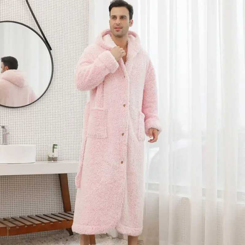 Winter Luxury Double Layer Flannel Men Robe Hooded Nightgown Thick Coral Fleece Belt Botton Super Long Loungewear Loose BathrobeXJ241018