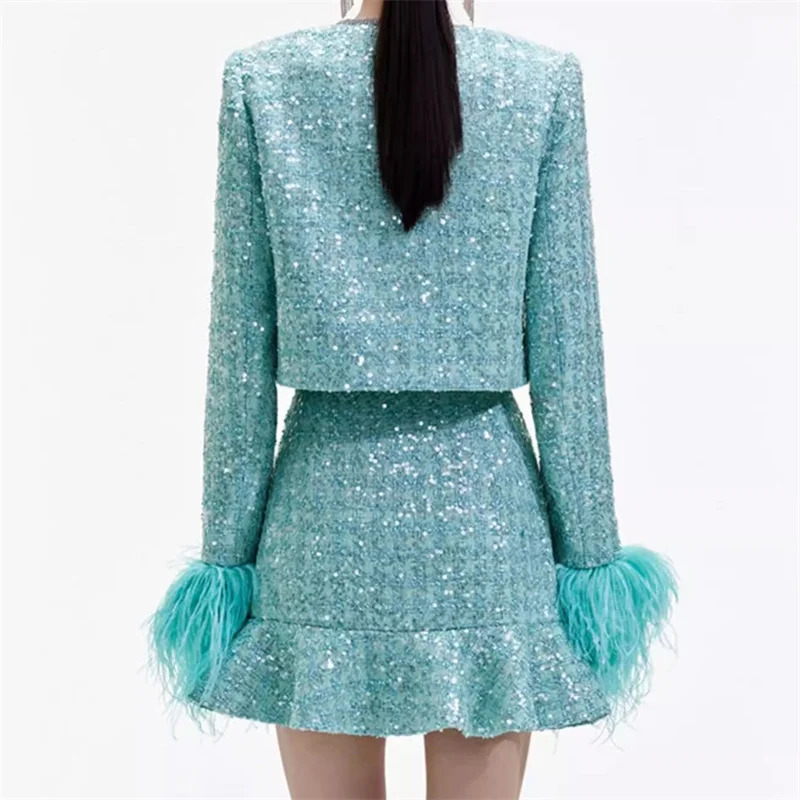 Women jacket autumn outerwears Fashion sequin decorative tweed Long sleeved top Feather patchwork coat y2k Blouse 241019