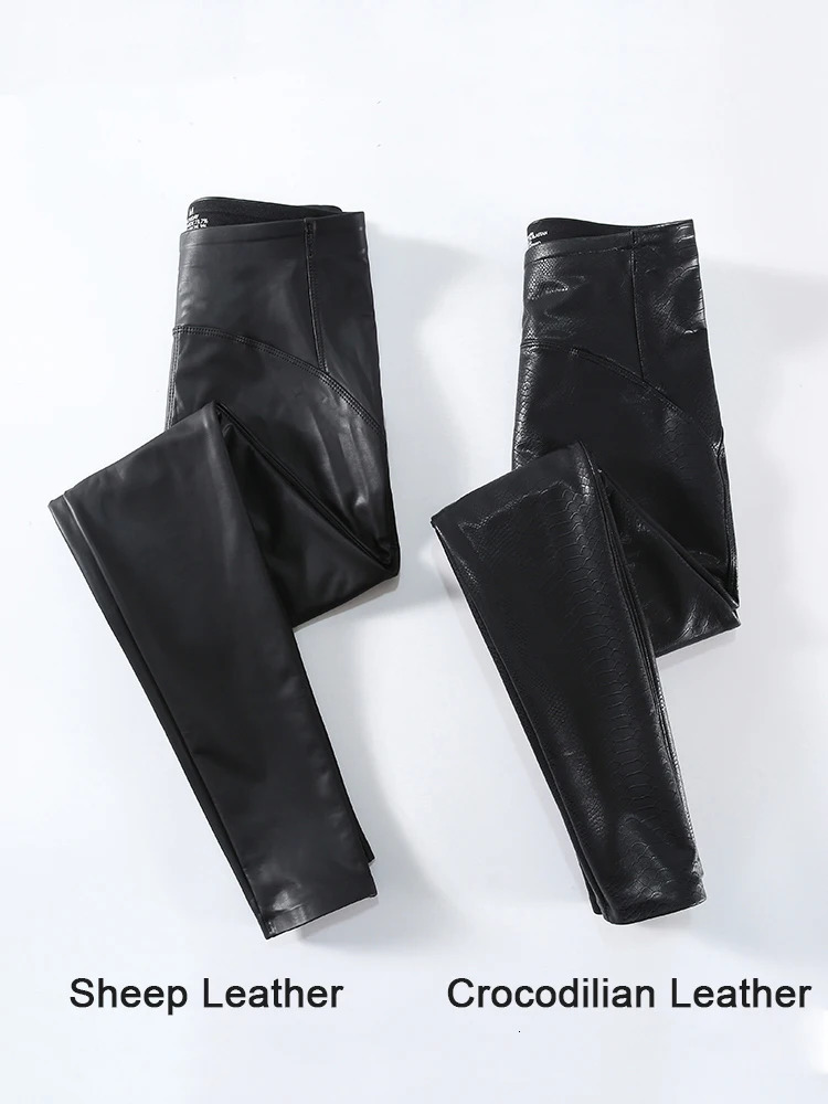 Autumn Winter Women Fleece Matte Leather Leggings High Quality Sheepskin Waist Elastic PU Pants Slim Sexy 241007