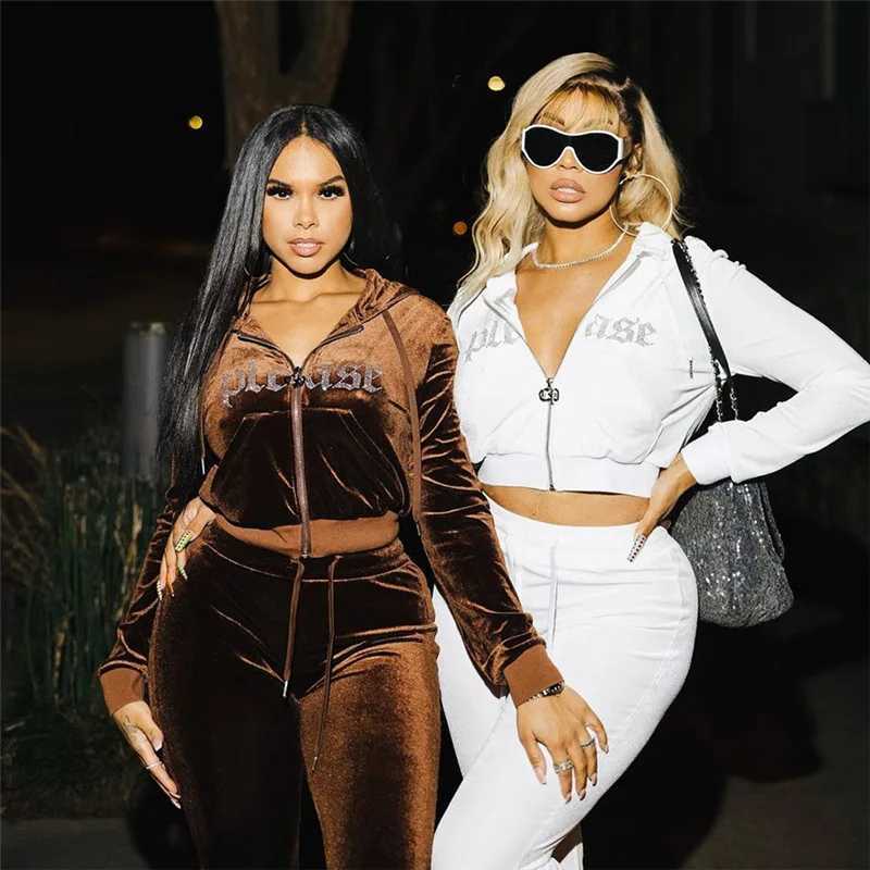Womens Two Piece Pants New 2 Piece Shiny Rhinestones Zipper Jackets Pants Women Velvet Tracksuits Hooded Jacket Drawstring Sweatpants Two Piece Outfi 