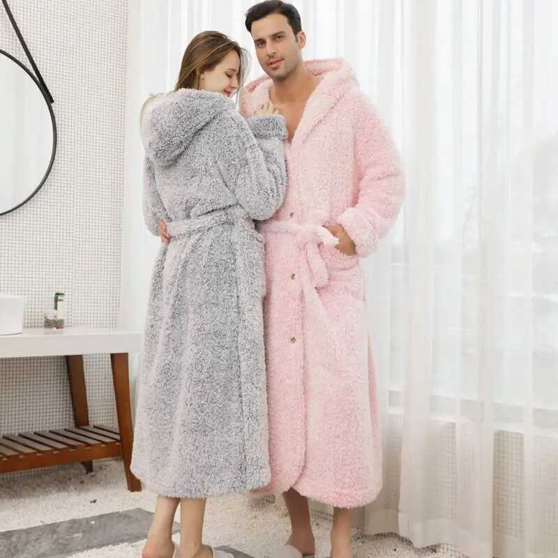 Winter Luxury Double Layer Flannel Men Robe Hooded Nightgown Thick Coral Fleece Belt Botton Super Long Loungewear Loose BathrobeXJ241018
