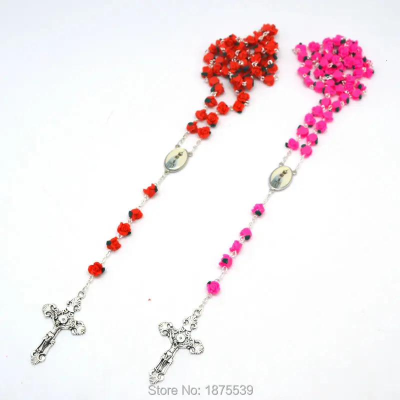 100th Anniversary Fatima Rose Pink Polymer Bead Rose Necklace 241018