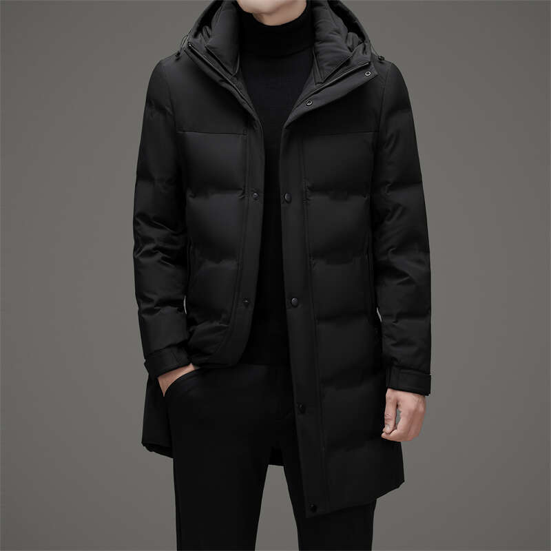 Classic Winter Men's Warm Mid-Length White Duck Down Jackets Outwear Windproof Long Hooded Puffer Coat Casual Loose Thick Parkas