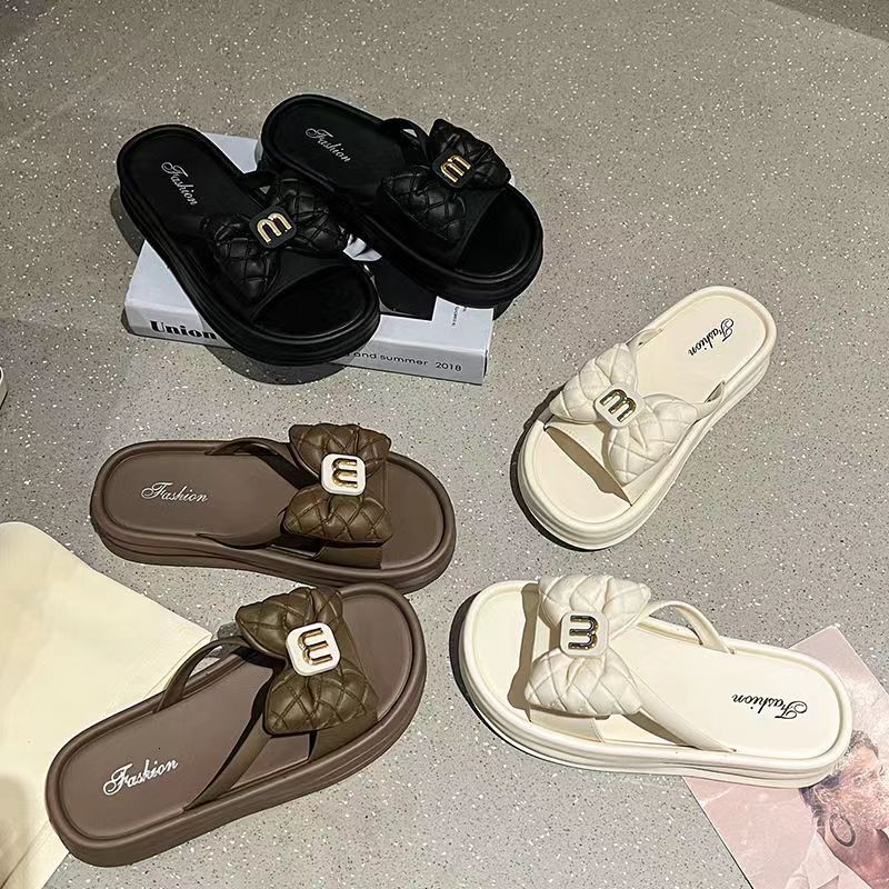 Women's summer new designer open toe thick bottom outdoor flip butterfly bow beach white casual slippers