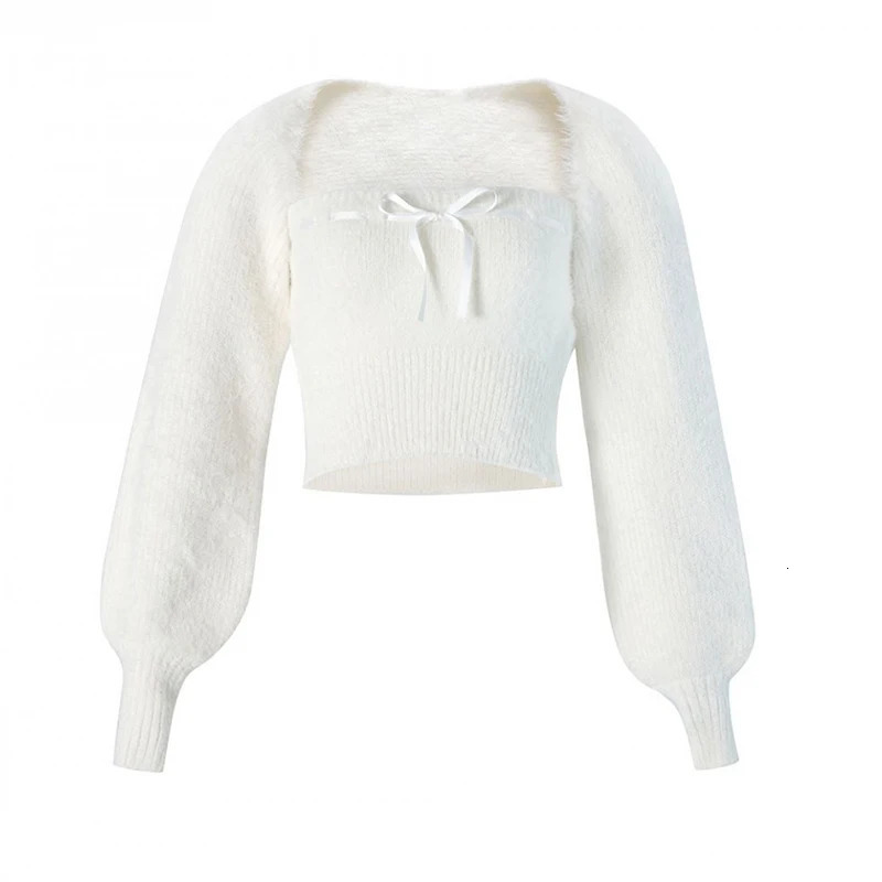 Fuzzy Knitted Bolero cardigan cardigan long sleeved with bow tie open front cut corset sweater womens Teengirl Acubi Y2K set 241019