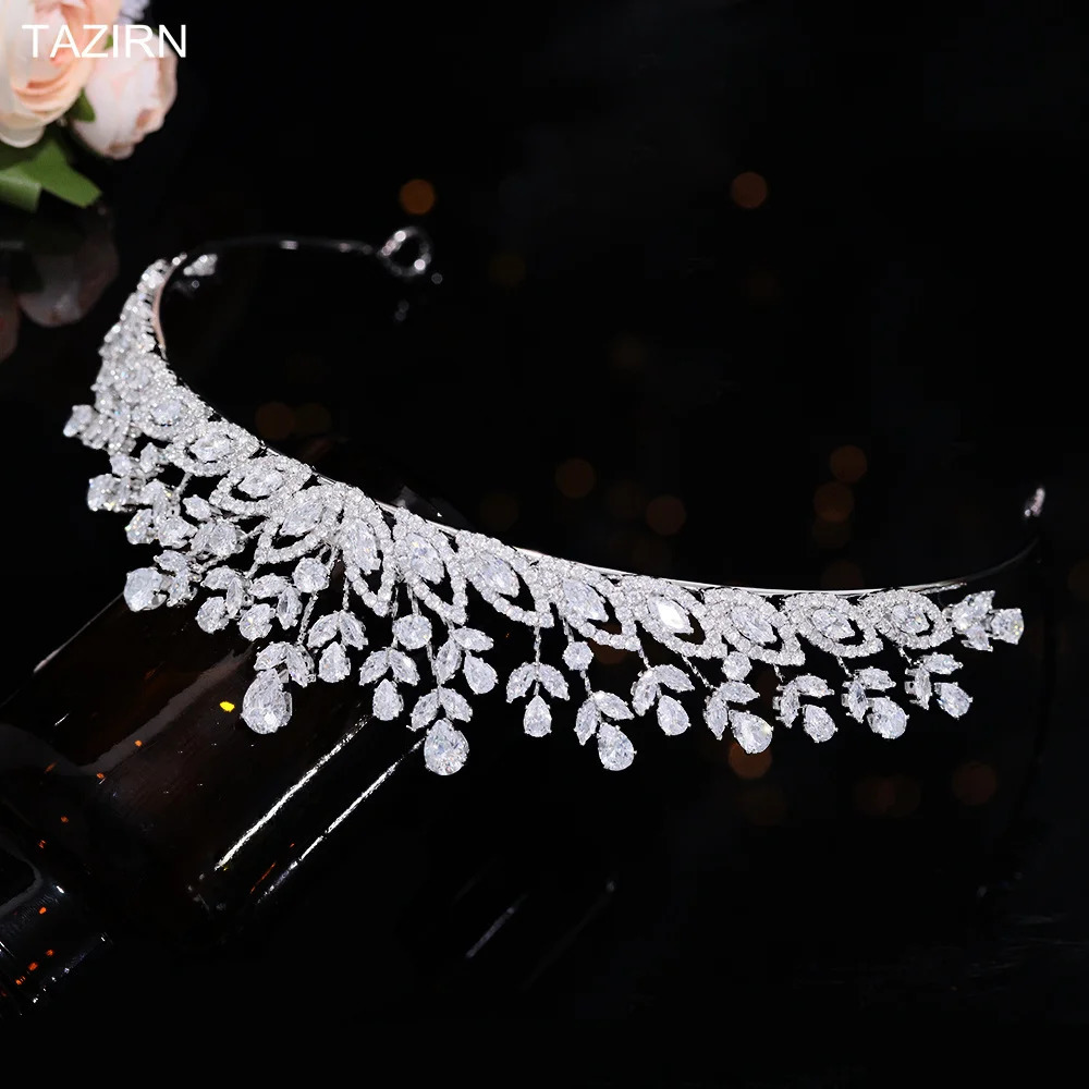TAZIRN AAAAA cubic zirconia floral headpiece and crown womens wedding birthday party ball sparkling handmade CZ hair accessory 241018