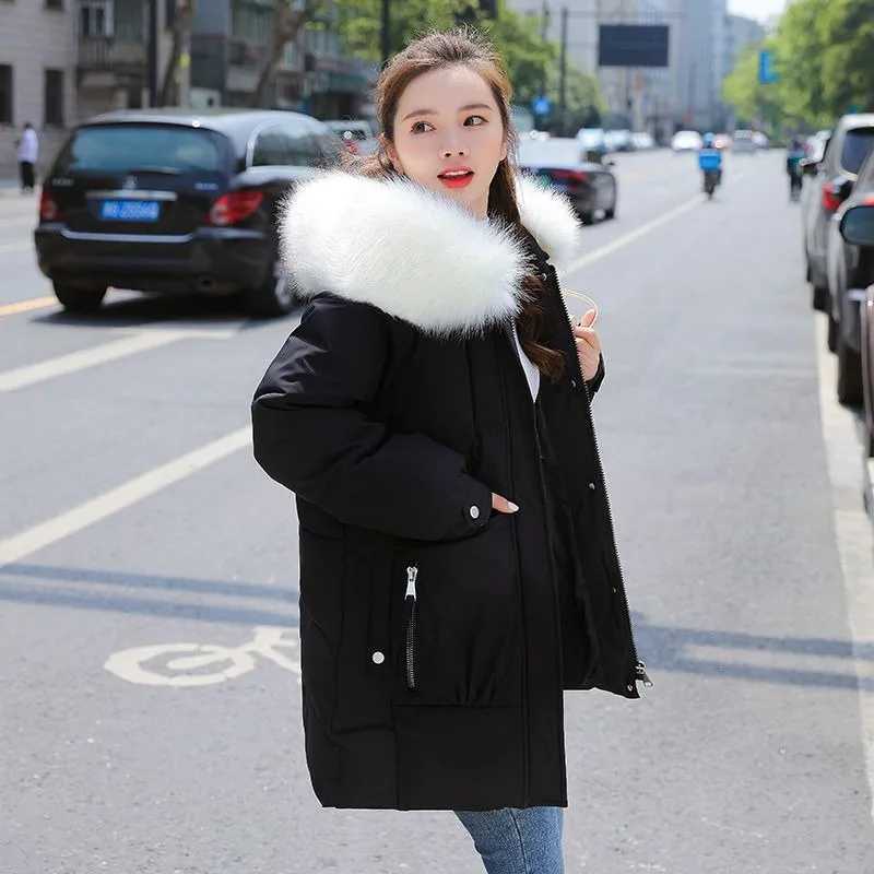 2023 New Women Down Cotton Coat Winter Jacket Female Mid Length Version Parkas Thick Warm Outwear Hooded Fur Collar OvercoatX241019