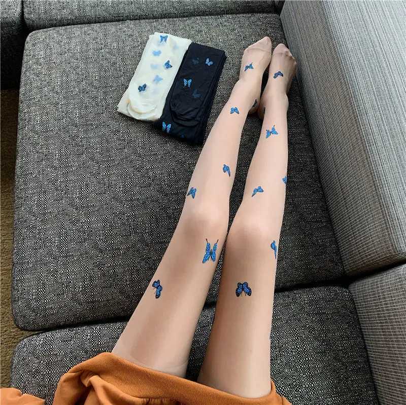 Socks Hosiery Women Girls Blue Butterfly Print Pantyhose Summer S-Through Ultra-Thin Sexy Silky Tights Japanese Lolita Seamless Stockings Y240833087S1