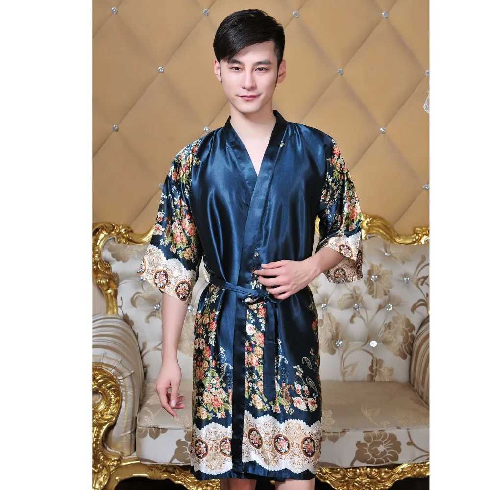 Men Kimono Bathrobe Chinese Style Robe Gown Print Flower Sleepwear Casual Nightwear Rayon Negligee Loose Intimate LingerieXJ241018