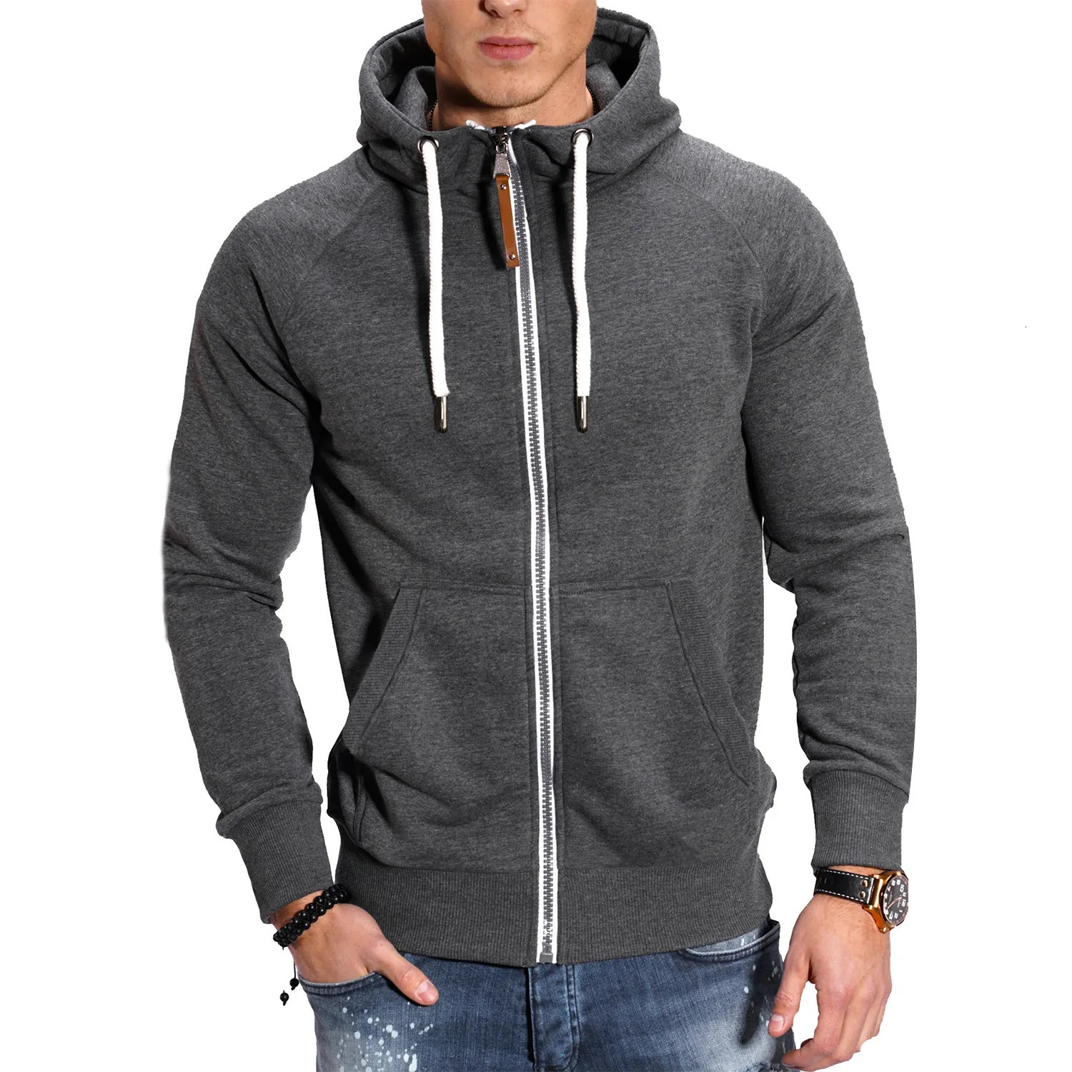 highquality mens zipper automatic long sleeved hooded casual clothing solid color sportswear 241010