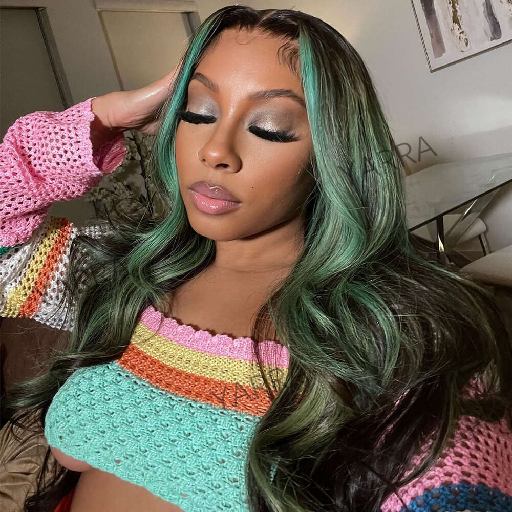 13x4 Frontal Body Wave Human Hair Green With Black Pre Plucked 32 34inch Highlight Transparent Lace Front Wig For Women