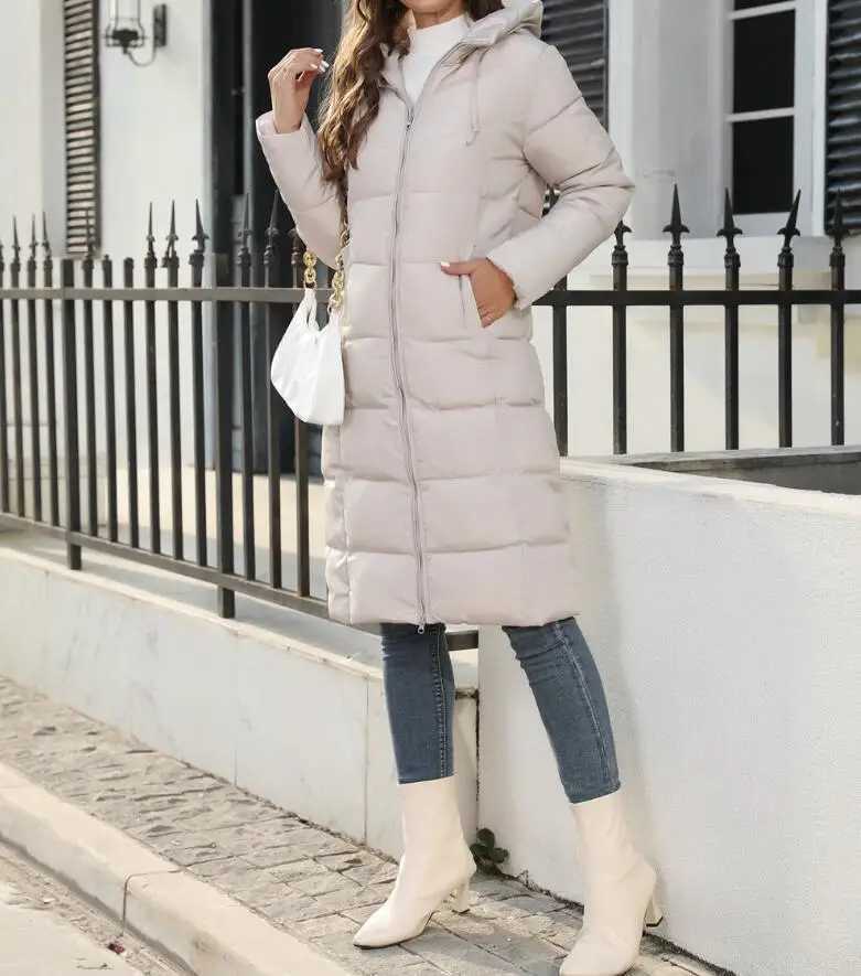 Winter New Hooded Mid Length Slim Fit Warm Long Sleeve Solid Color Down Jacket For Women3 ColorsX241019