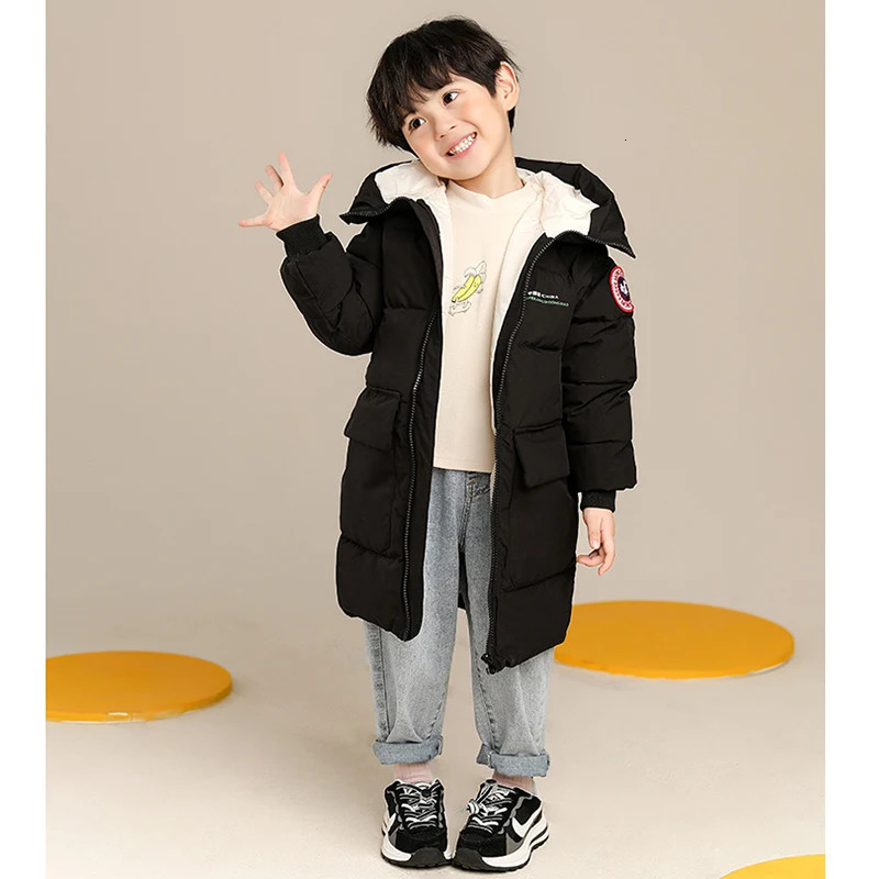 210 Years Autumn Winter Boys Jacket Solid Color Long Style Keep Warm Hooded Coat For Kids Children Birthday Present 241018