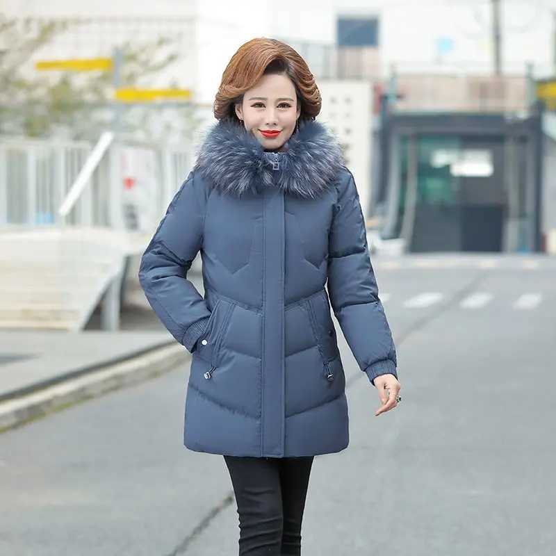 Middle-aged Womens Parkas Faux fur collar Jackets Winter Plus Velvet Lamb Hooded Coats Cotton Jacket Womens Mama OvercoatX241019