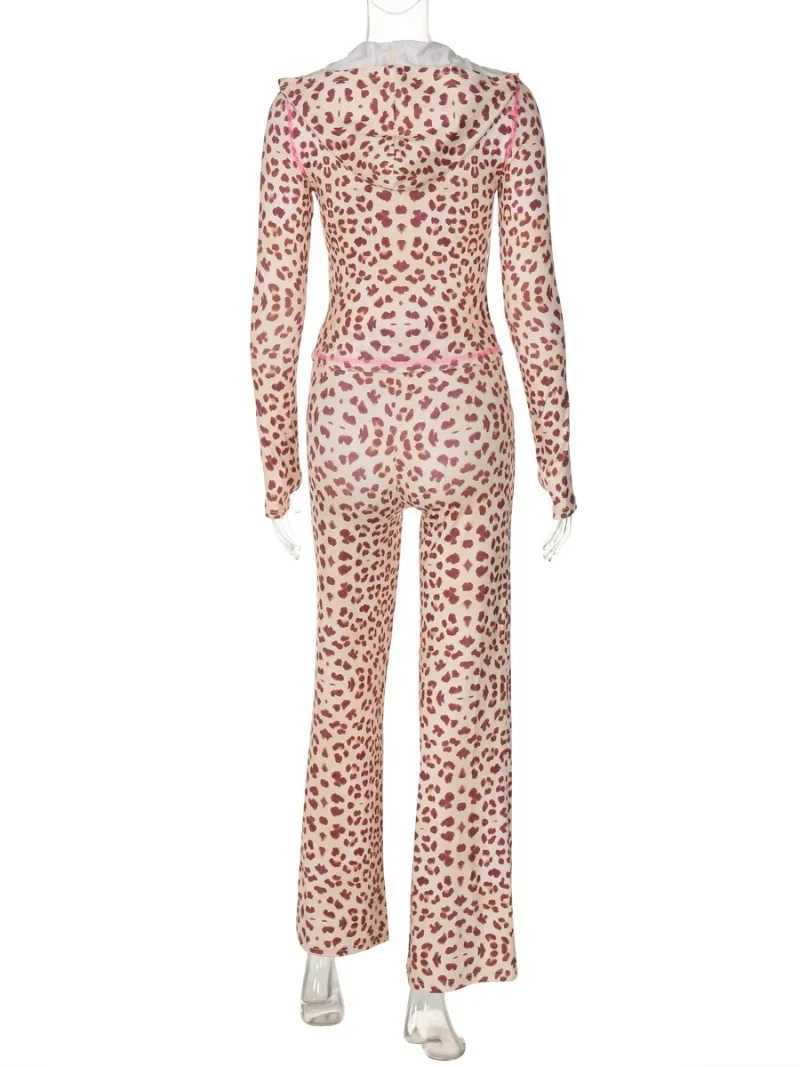 Women's Two Piece Pants Fashion Autumn Leopard Print Two Piece Matching Sets Hooded Zip-up Cardigan Top+Long Pants Suit Strtwear Female Tracksuit