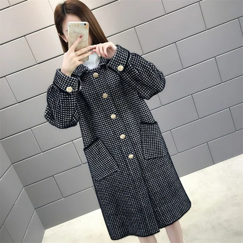 Autumn and winter mink knitted cardigan wool womens sweater medium long thick loose coat wool plain weave large coat 241019