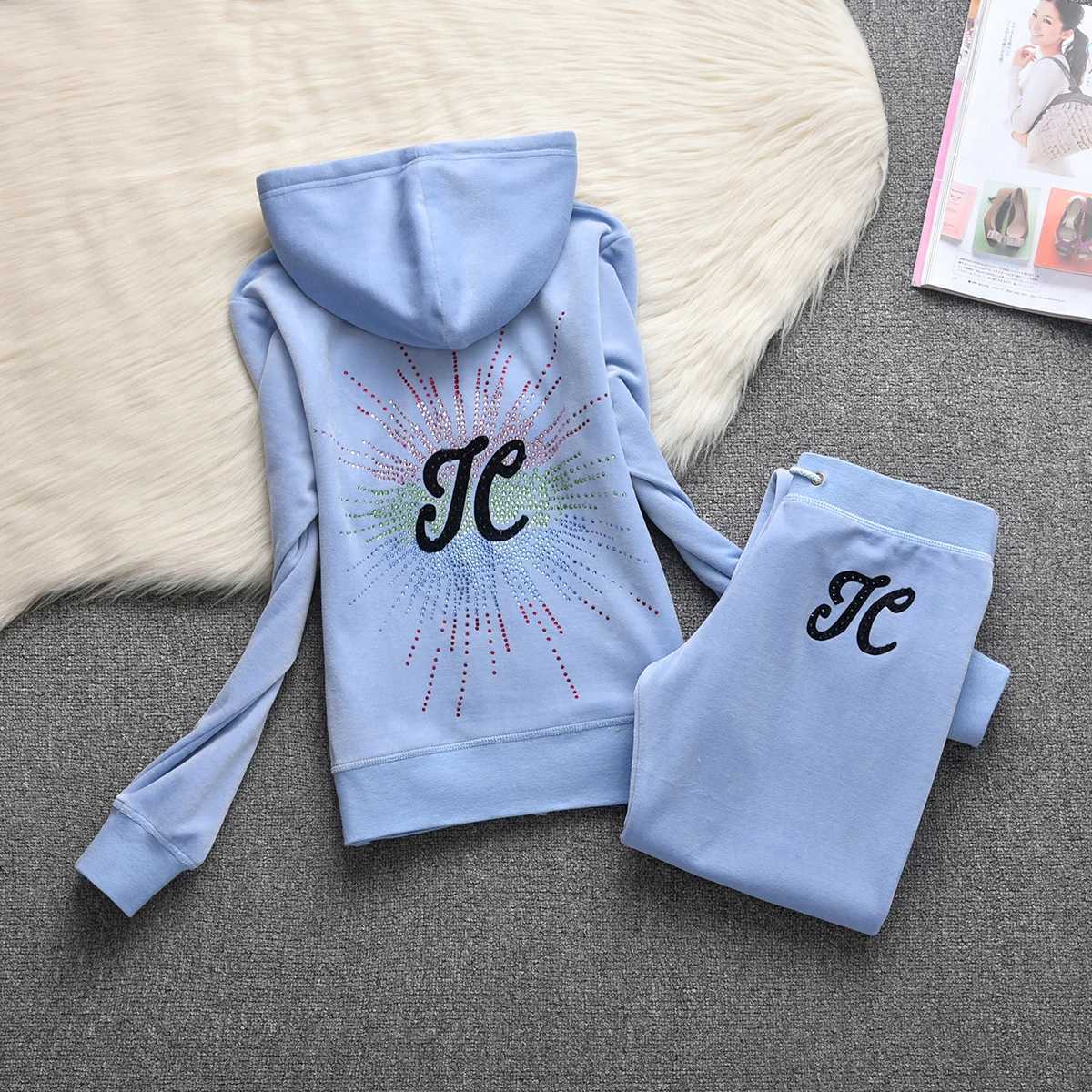 Womens Two Piece Pants Juicy comedy velvet track and field suit womens sports hoodie crystal decoration three directional pattern velvet set 2piece wi