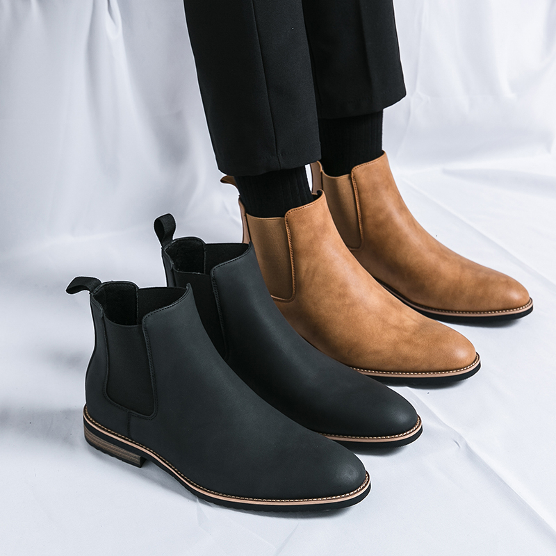 Solid For Men Color Slip On Ankle Boots Flat Short Toed Pointy High Top Pu Leather Shoes Ddmywed Ddmysaturn