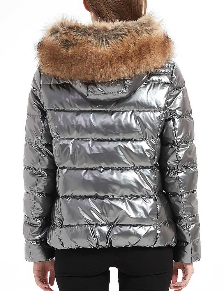 Women's Down Parkas Giolshon Womens Quilted Lightweight Inflatable Jacket Warm Fur Collar Hooded Jacket Womens Shining Patent Parkas Down Jacket 