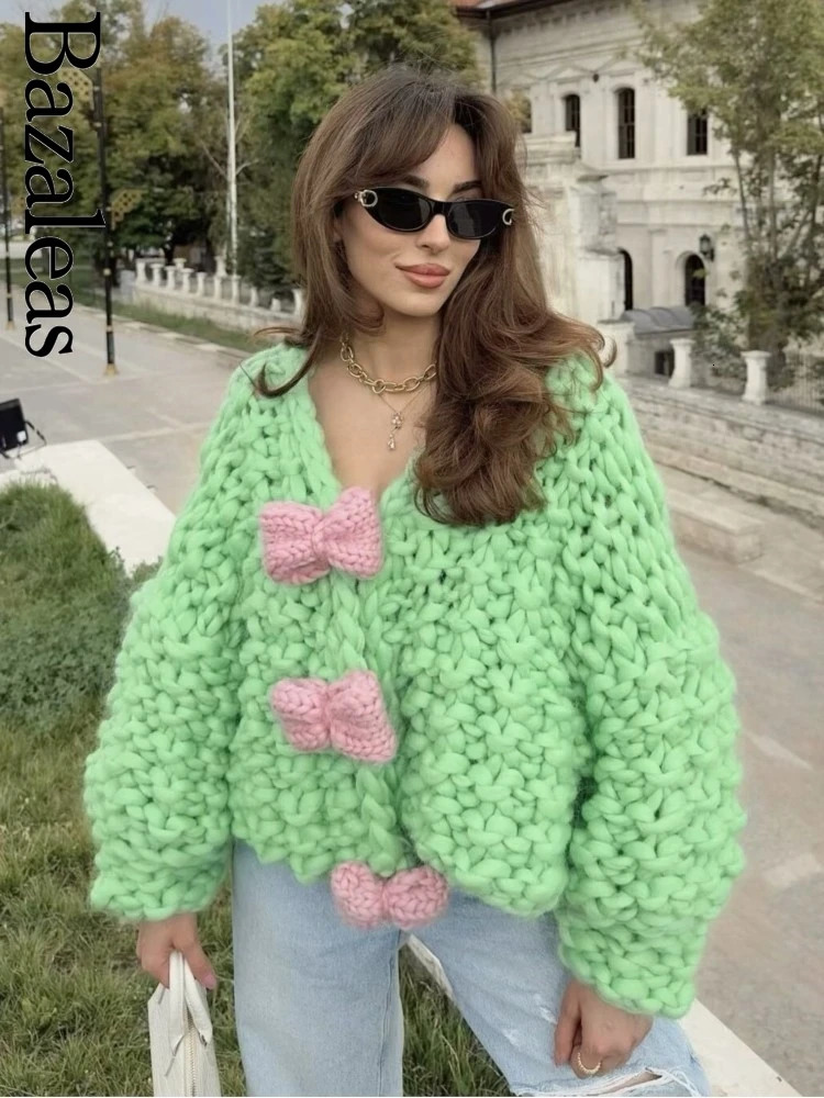 2024 Bazaleas Traf Autumn Warm Short Outerwear Official Handmade Bow Sweater Coat Vintage Oversize Lantern Sleeve Cardigan 241009