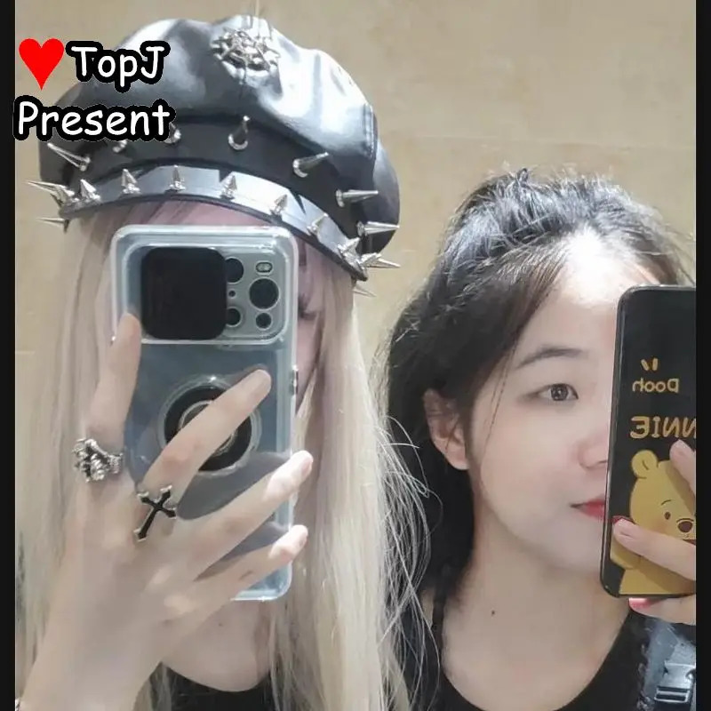 Womens Lolita Y2k Steampunk Gothic Harajuku Subculture Girls Rivet Motorcycle Hat Fashion Mens Personalized Beret Stage Rock Hat 241018