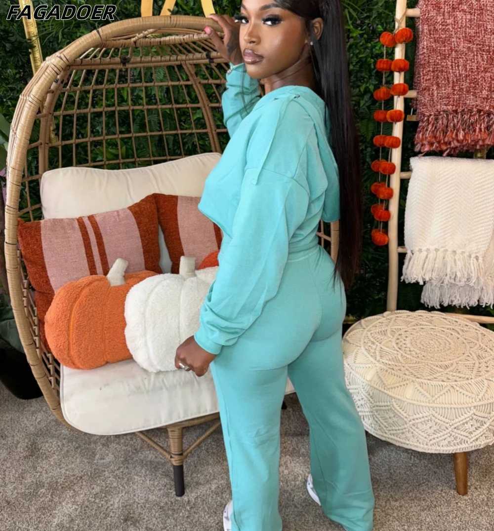 Women's Two Piece Pants FAGADOER Womens 2024 Autumn 2-piece Casual Long Sleve Zipper Hoodie Coat and Sweatpants Set Y2k Strt Sportswear Y241019CC