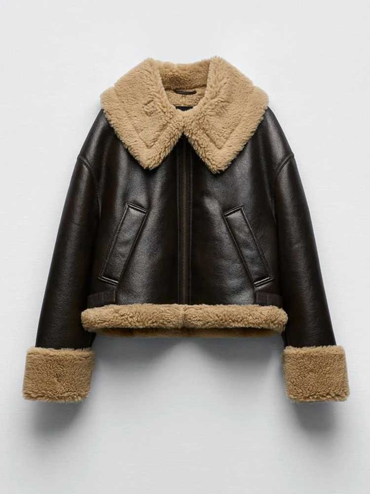 Women's Down Parkas Loose motorcycle winter wool Shpskin leather jacket thick Parka synthetic leather sheepskin coat Y241019HYV8