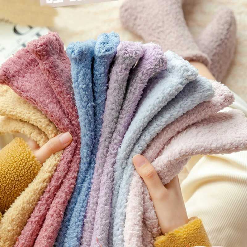 Winter Warm Coral Fleece Fluffy Socks Indoor Floor Slipper Women Socks Thicken Plush Candy Color Home Sleep Socks Christmas GiftXJ241019