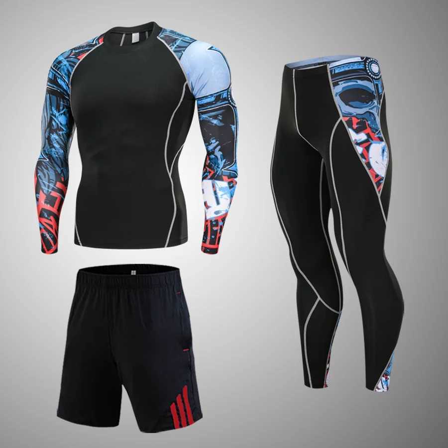 Quick drying 2-piece/set mens rash guard mens MMA compression clothing mens long sleeved T-shirt+tight fitting mens clothing W241018
