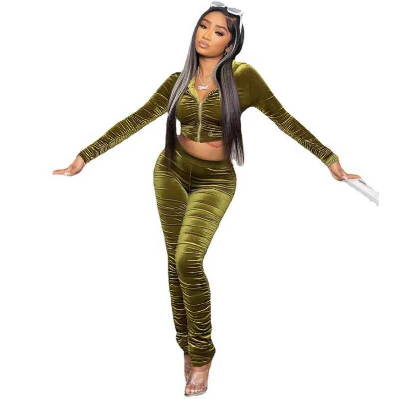 Women's Two Piece Pants Retro Velvet Womens Two Piece Sportswear Zipper Long Sleve Hoodie and Folding Pencil Pants Jogger Sportswear Y241019IZ1Y