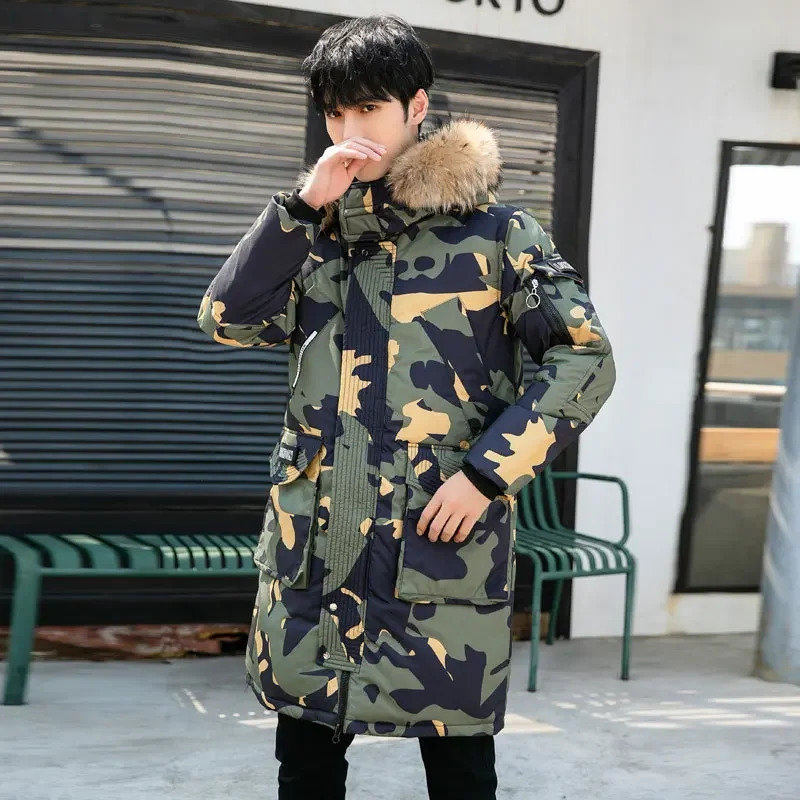 Mens down jacket thick coat warm coat white duck coat raccoon fur coat winter long coat outerwear 241018
