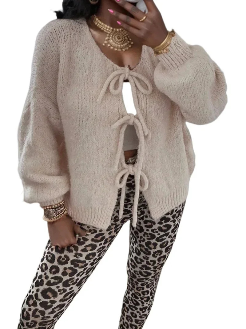 Korean Crewneck lace knitted cardigan autumn winter solid color commuting womens cardigan 241018