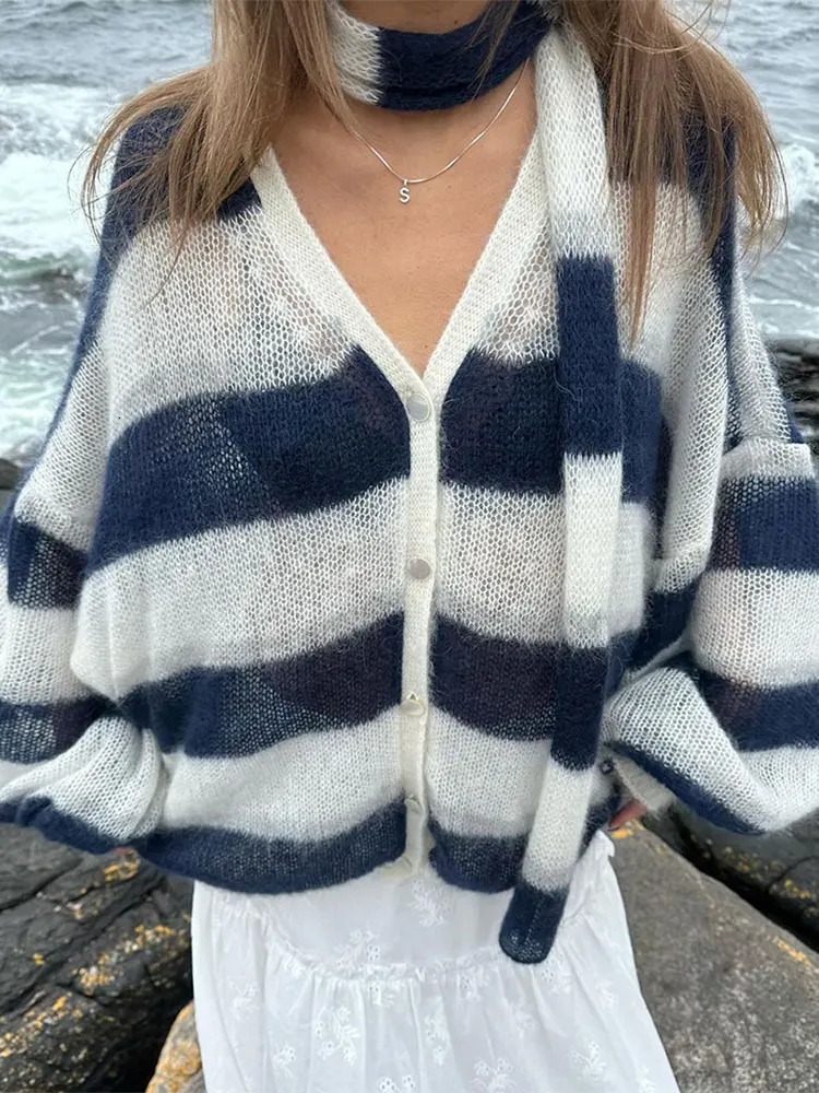 Black White Stripe With Scarf Knitted Cardigan Women Casual V Neck Long Lantern Sleeve Sweater 2024 Autumn Lady Elegant Knitwear 241009