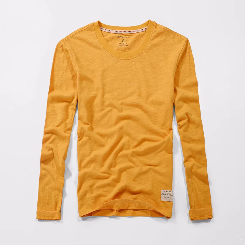 Yellow casual mens long sleeved T-shirt 100% pure cotton top O-neck slim fit fashionable classic T-shirt summer thin T-shirt 241018