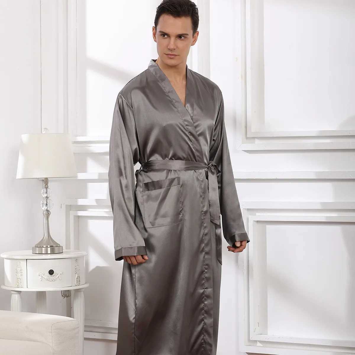 Loose Men Robe Sexy Male Summer New Sleepwear Bathrobe Satin V-Neck Kimono Bath Gown Long Casual Nightgown Intimate LingerieXJ241018