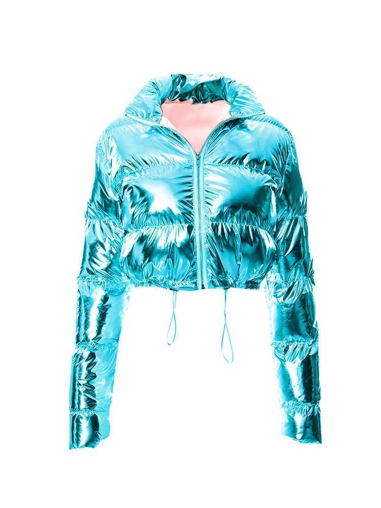 Women's Down Parkas Blue metal shiny bubble quilted coat womens 2024 winter warm park as a fashionable womens long Sleve crop inflatable jacket g