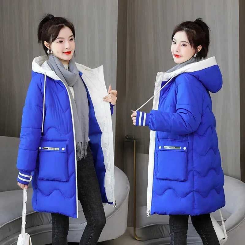 Down Padded Cotton Jacket Womens 2023 New Winter Loose Korean Long Hooded Padded Coat Padded Jacket Thickened Coat Blue YellowX241019