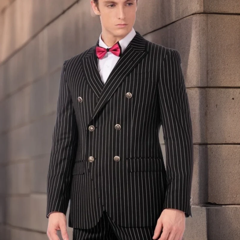 Pinstripe Italian Suits for Men with Double Breasted 2 Piece Striped Formal Business Jacket with Pants Male Wedding Groom Tuxedo