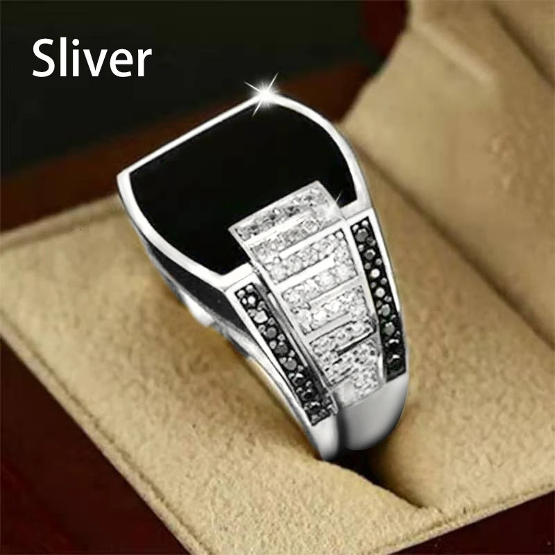 Mens Ring Business Black Plate Crystal Side Setting Male Vintage Punk Inlay Finger Golden Color Jewelry 241010
