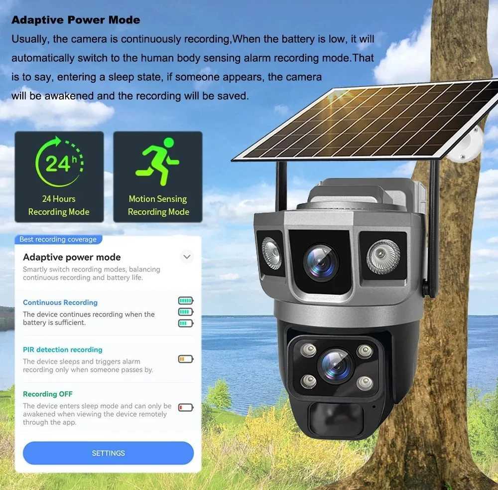 Camera 12MP Solar Camera 4G Sim Outdoor Dual Lens Three Screen 6K IP Camara Solar Panel CCTV Security Built in Battery PIR Cam V380 Z241019