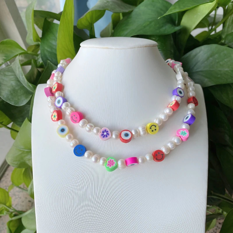 Handmade Turkiye Eye Freshwater Pearl Eye Soft Polymer Clay Bead Necklace 241018