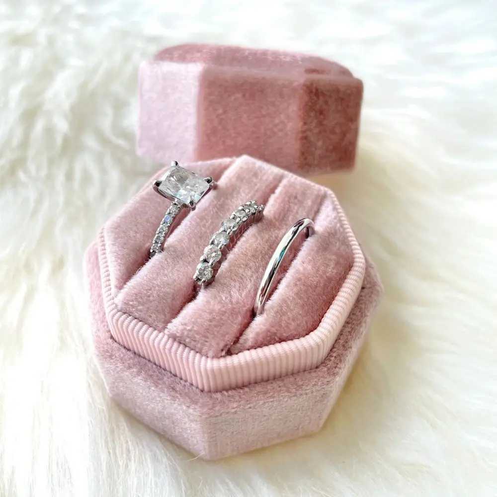Octagonal Velvet Ring Display Box Three Slot Ring Storage Rack Ring Box with Removable Cover Used for Proposed Engagement Weddings W241019