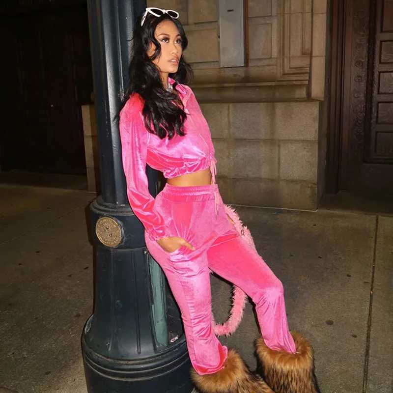 Women's Two Piece Pants Fashion Women 2 Piece Velvet Tracksuits Sets Zipper Drawstring Sweatshirts High Waist Straight Sweatpants Two Piece Outfi