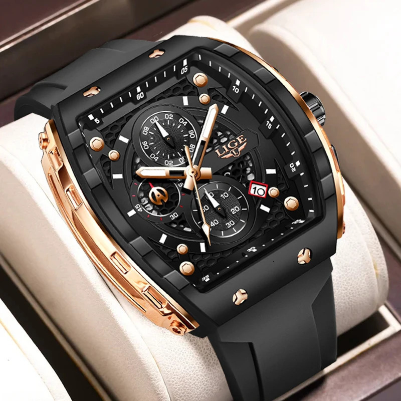 LIGE Top y Mens Watch Fashion Square Waterproof Quartz Military Sports Timing Montre Homme 241009