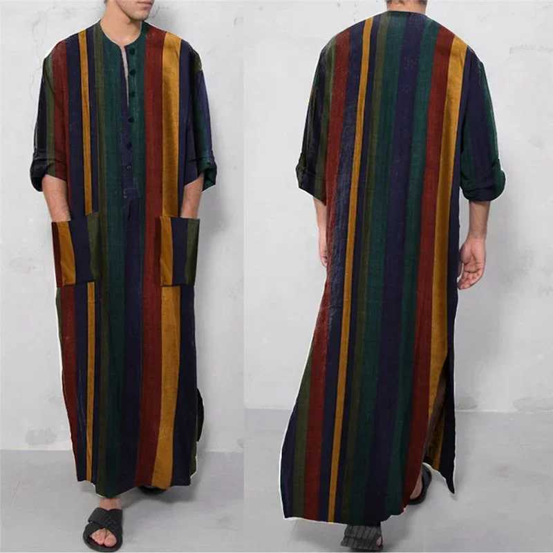 Men Sleep Robe Trendy Muslim Jubba Thobe Men Islam Kaftan Cotton Pakistan Saudi Arabia Djellaba Long Sleeve One-Piece Long DressXJ241018