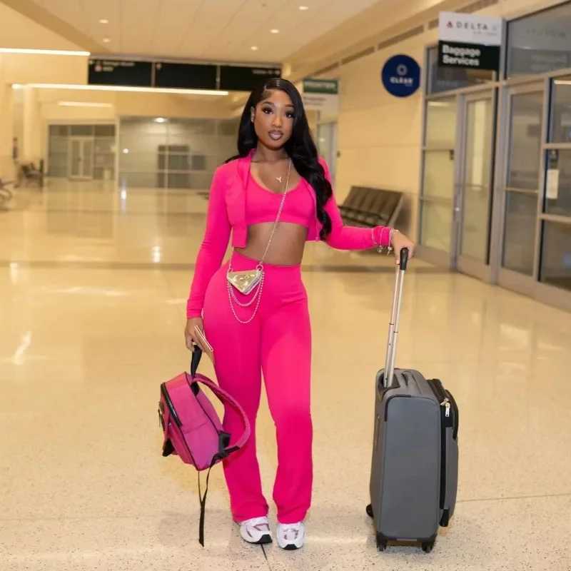 Women's Two Piece Pants 2024 Autumn Solid Womens Tight 3-Piece Tank Top Crop Top+Zipper Long Sleeve Jacket+High Waist Shining Pants Set Y2410195K
