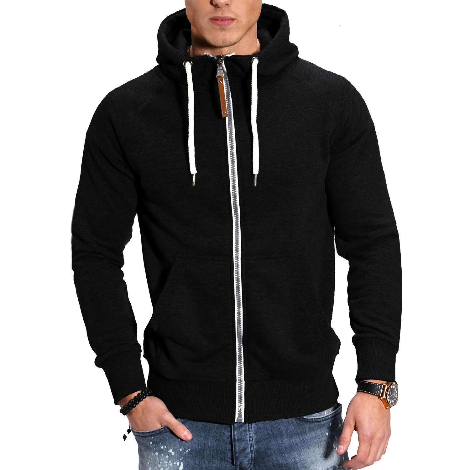 highquality mens zipper automatic long sleeved hooded casual clothing solid color sportswear 241010